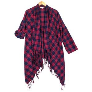 Flannel Drape Front Kimono Cardigan Womens M Red Plaid Country Western‎ Prairie